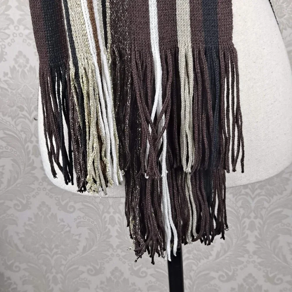 Knit Scarf Chocolate Brown/Cream/Black/Metallic Gold Stripes Fringed EUC